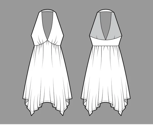 Kleid taschentuch saum chemise technische modeillustration mit ärmellos, Empire-halter ausschnitt, kreisförmiger rock — Stockvektor