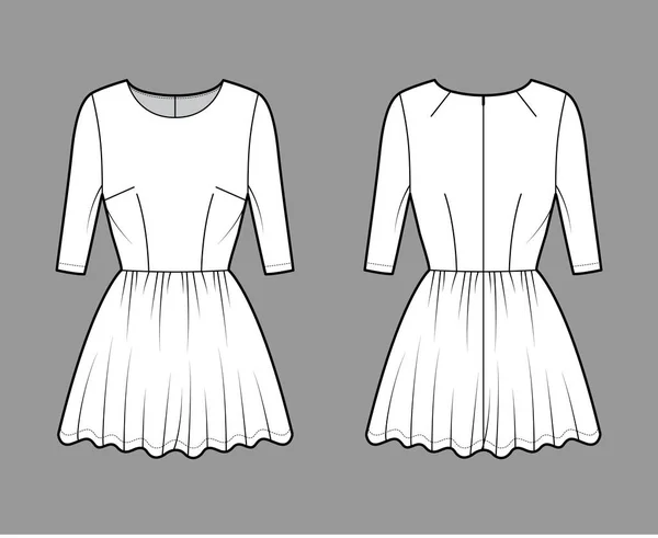 Vestido corto ilustración técnica de moda con la manga del codo, cuerpo ajustado, mini falda completa de longitud. Ropa plana frontal — Vector de stock