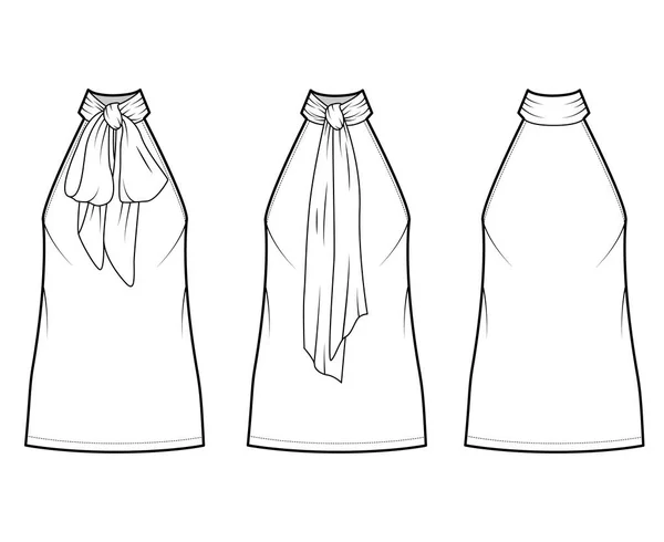 Dress neck bow technical fashion illustration with high halter neckline, sleeveless, oversized body, mini length skirt — Stock Vector