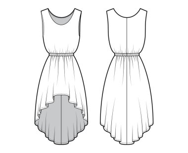 Kolsuz, büyük beden, doğal elastik bel ölçüsü, dairesel eteği olan yüksek-alçak teknik moda çizimi.