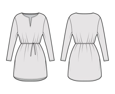 Uzun kollu, uzun kollu, geniş vücutlu, mini etekli, kesik boyunlu bir elbise. Düz