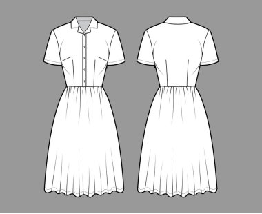 Kıyafet evi gömleği, kısa kollu, diz boyu uzun etekli, klasik Henley yakalı. Düz
