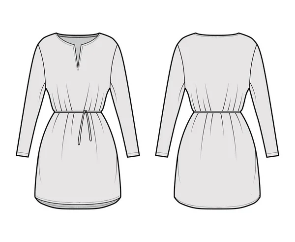 Vestido túnica técnica ilustración de moda con corbata, mangas largas, cuerpo de gran tamaño, mini falda de longitud, cuello cortado. Plano — Vector de stock