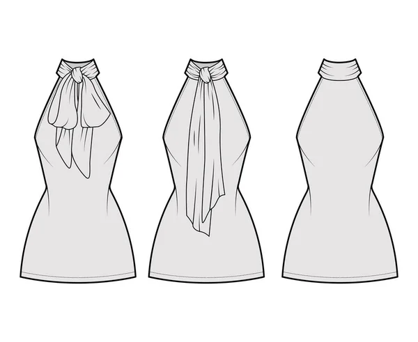 Dress neck bow technical fashion illustration with high halter neckline, sleeveless, fitted body, mini length skirt — Stock Vector