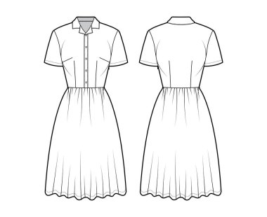 Dress house shirt technical fashion illustration with short sleeves, knee length full skirt, classic henley collar. Flat clipart