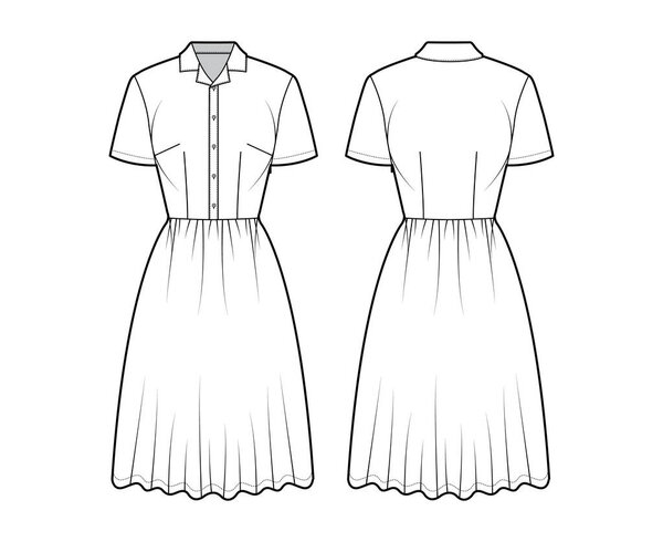 Дресс-хаус рубашка техническая мода иллюстрация с короткими рукавами, длина колена полная юбка, классический воротник henley. Плоская квартира