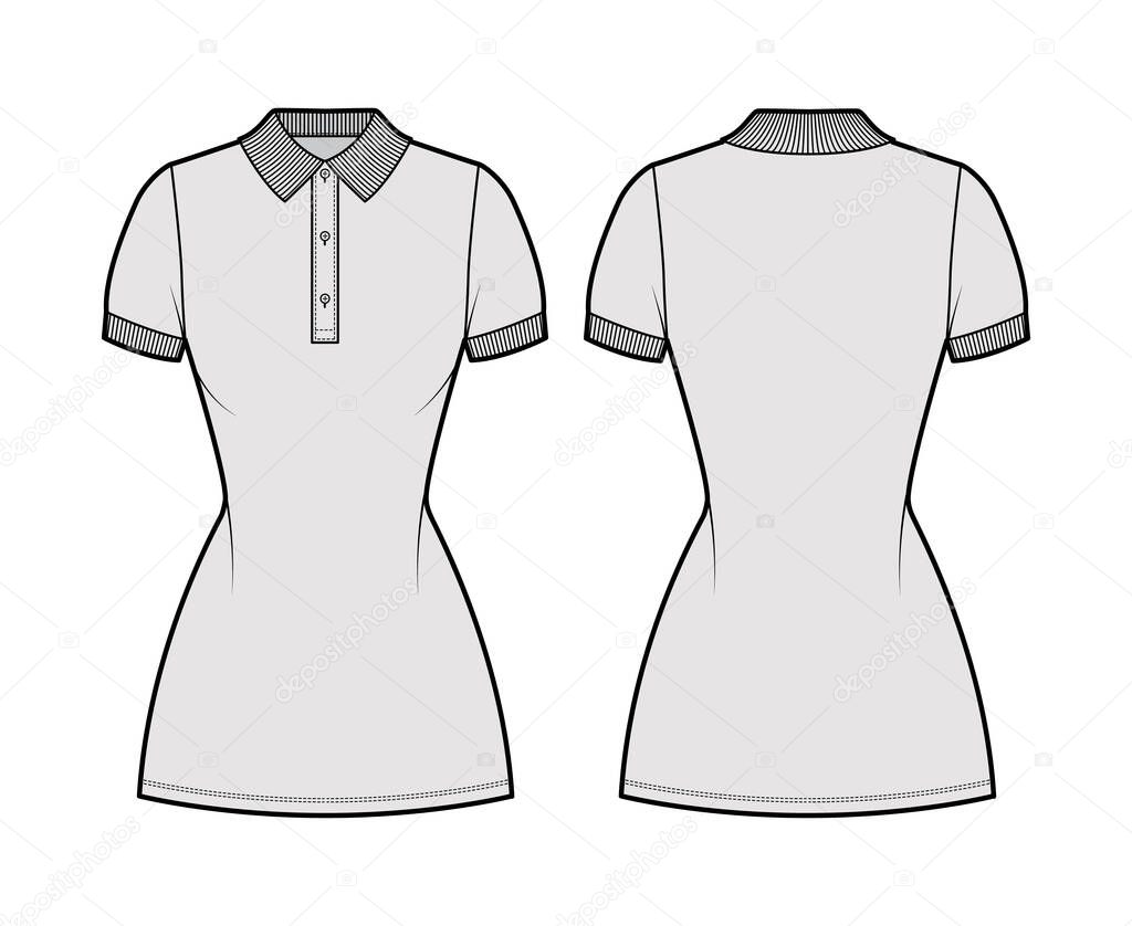Dress polo fashion illustration with short sleeves, fitted body, mini length pencil skirt, henley neckline. Flat apparel