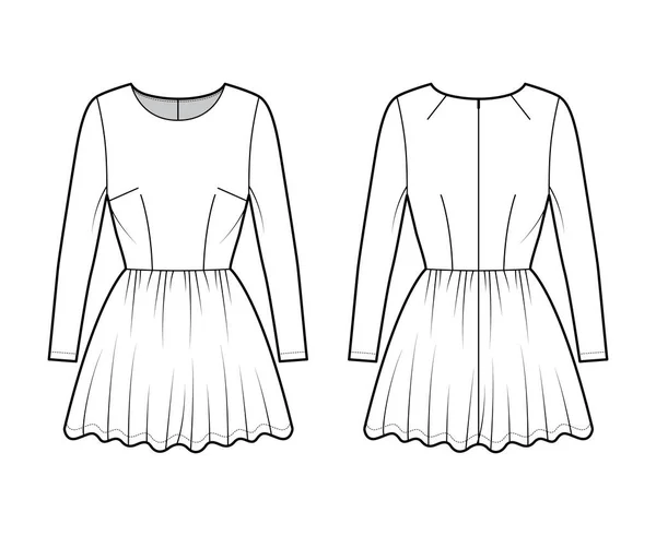 Šaty krátké technické módní ilustrace s dlouhým rukávem, montované tělo, mini délka plné sukně. Ploché oblečení vpředu — Stockový vektor
