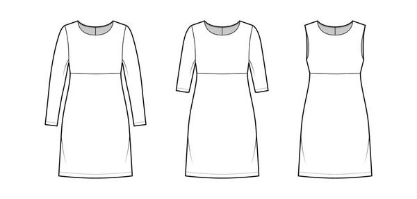 Set of Dresses empire line technical fashion illustration with long elbow sleeves sleeveless, knee length A-line skirt — Διανυσματικό Αρχείο
