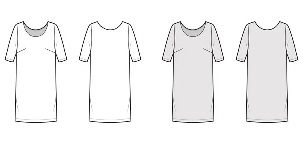 Vestido mudança chemise moda técnica ilustração com mangas médias, corpo de grandes dimensões, saia de lápis de comprimento do joelho. Plano — Vetor de Stock