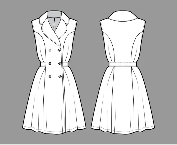 Vestido casaco trincheira técnica moda ilustração com peito duplo, corpo equipado, joelho comprimento saia semi-circular — Vetor de Stock
