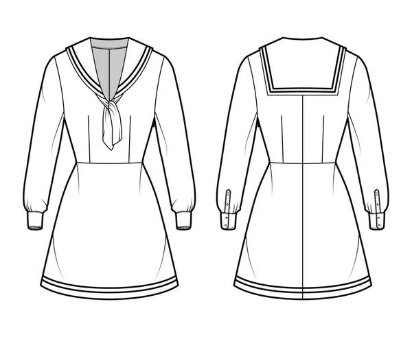 Платье моряк техническая мода иллюстрация с длинным рукавом с манжетами, оснащенный тело, средний воротник, полосы, мини-длина — стоковый вектор