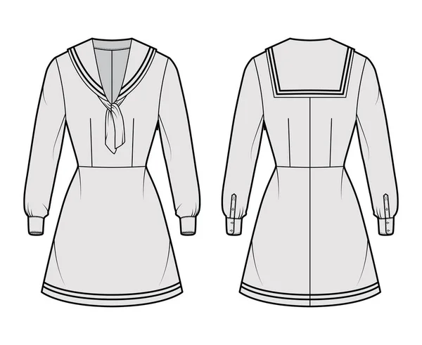 Vestido marinero técnica moda ilustración con manga larga con puño, cuerpo ajustado, cuello medio, rayas, mini longitud — Vector de stock