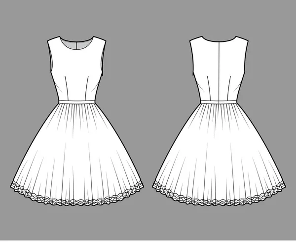 Vestido tutu ilustração de moda técnica com mangas, corpo equipado, joelho saia circular comprimento. Vestuário de ballet plano — Vetor de Stock