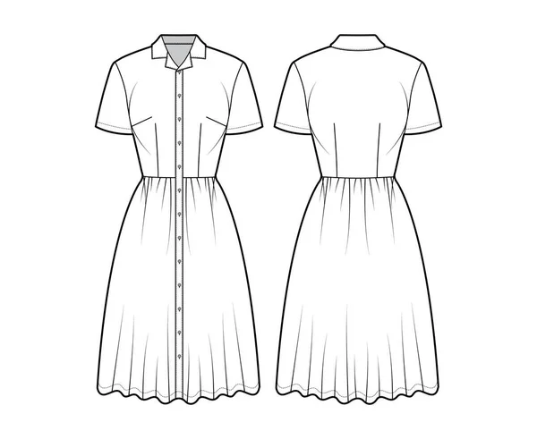 Kleid Hemd technische Mode Illustration mit kurzen Ärmeln, Lagerkragen, taillierten Körper, knielangen Rock, Knopf — Stockvektor