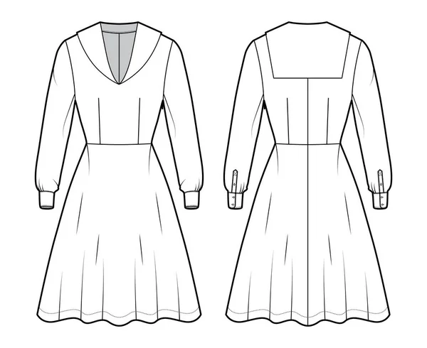 Платье моряк техническая мода иллюстрация с средним воротником, длинный рукав с манжетами, оснащен, длина колена круглая юбка — стоковый вектор