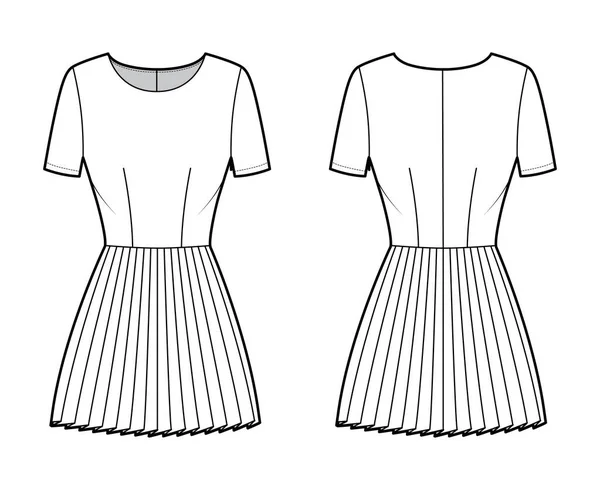 Vestido plissado ilustração de moda técnica com mangas curtas, corpo equipado, mini saia de comprimento. Vestuário liso frente — Vetor de Stock