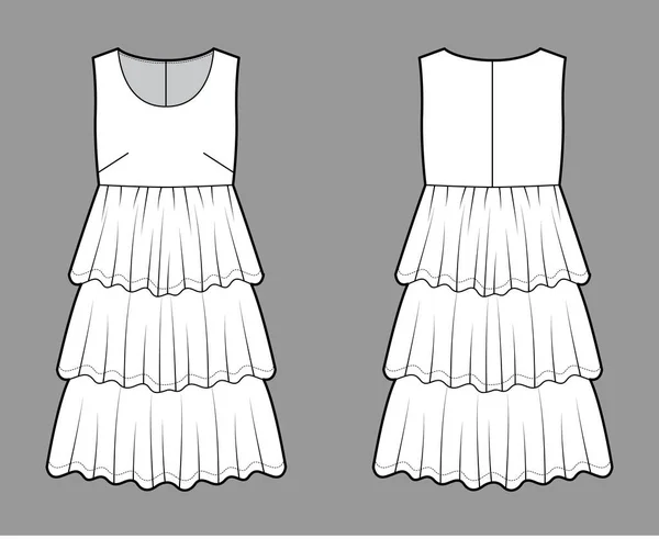 Vestido babydoll técnica de moda ilustração com mangas, corpo de grandes dimensões, joelho comprimento ruffle camadas saia vestuário — Vetor de Stock