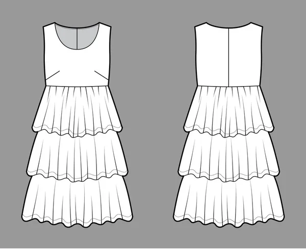 소매없고, 몸집 이 너무 크며 무릎까지 내려오는 러플 치마 예복을 입은 드레스 바가지 기술적 인 패션 일러스트 — 스톡 벡터