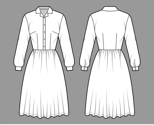 Дресс-хаус рубашка техническая мода иллюстрация с длинными рукавами с манжетами, длина колена полная юбка, воротник henley — стоковый вектор