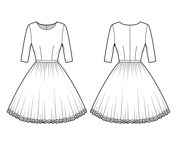 Vestido tutu técnica ilustración de moda con mangas de codo, cuerpo ajustado, falda circular de longitud de rodilla. Ballet plano — Archivo Imágenes Vectoriales