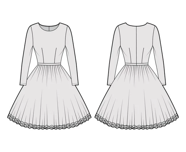 Šaty tutu technické módní ilustrace s dlouhými rukávy, montované tělo, kolena délka kruhové sukně Ploché baletní oblečení — Stockový vektor