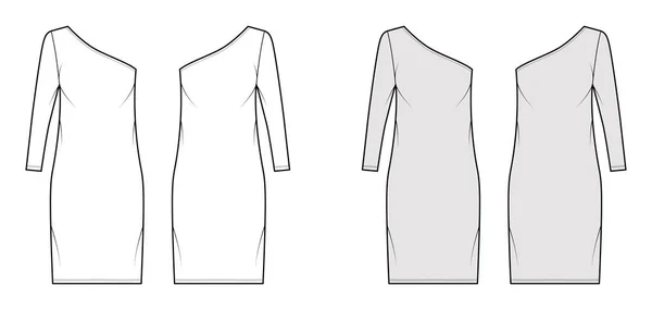 Vestido de un hombro ilustración de moda técnica con manga larga, cuerpo de gran tamaño, longitud de rodilla lápiz falda ropa — Vector de stock