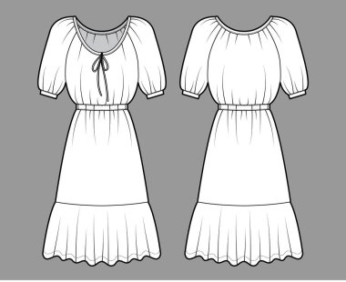 Köylü kıyafetleri, dirsek kollu, vücuduna uygun, diz boyu pepembeli kalem etekli, teknik tasvirler. Düz