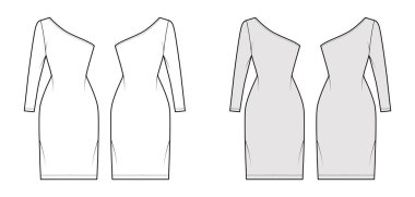 Bir omuz tekniğini uzun kollu, vücuduna uygun, diz boyu kalem etekli olarak giyin. Düz giysi. 