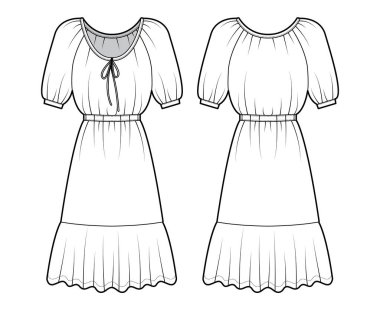 Köylü kıyafetleri, dirsek kollu, vücuduna uygun, diz boyu pepembeli kalem etekli, teknik tasvirler. Düz