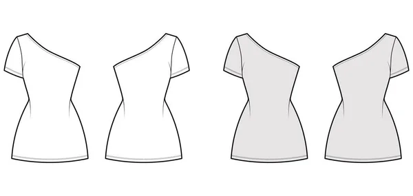 Šaty jeden rameno technické módní ilustrace s krátkým rukávem, montované tělo, mini délka tužka sukně. Ploché oblečení — Stockový vektor