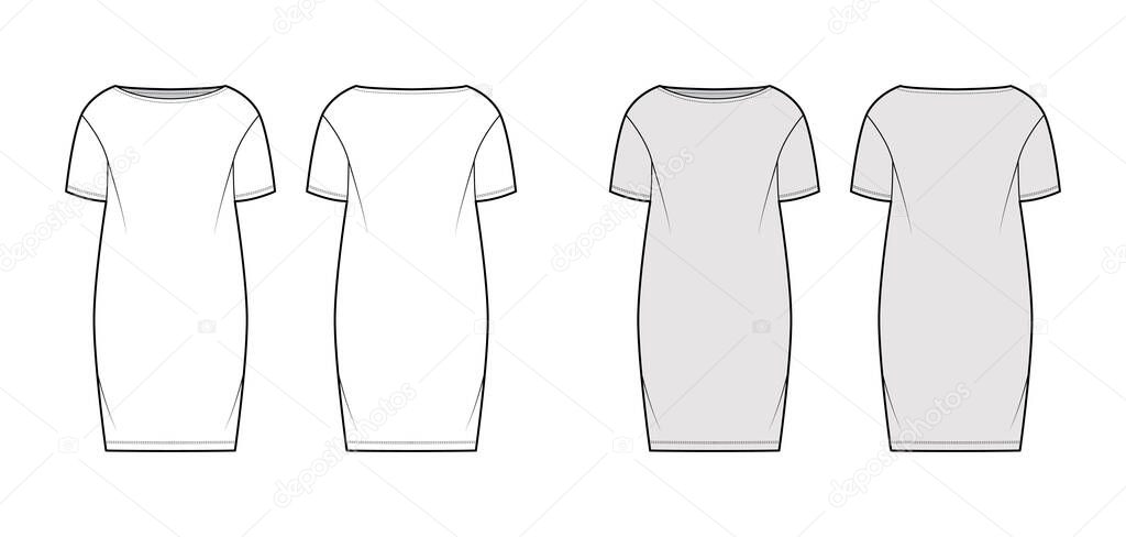 Dress sack slouchy technical fashion illustration with short sleeves, oversized body, knee length pencil skirt. Flat 