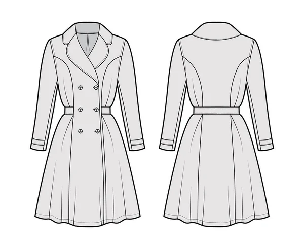 Šaty kabát příkop technické módní ilustrace s dvojitým prsou, dlouhý rukáv, kolena délka polokruhové sukně — Stockový vektor