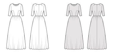 Uzun, teknik moda illüstrasyonunu kolsuz, vücuda uygun, zemin uzunluğunda etekli giyin. Düz giysi.