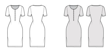 Henley yakalı teknik tasma kısa kollu, vücuduna uygun, diz boyu kalem etekli düz önlü.