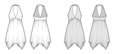 Mendil eteği, kolsuz, imparatorluk yakalı, dairesel etekli teknik moda illüstrasyonu.