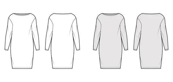 Φόρεμα σακί slouchy τεχνική απεικόνιση μόδας με μακριά μανίκια, oversized σώμα, γόνατο μήκος φούστα μολύβι. Επίπεδη — Διανυσματικό Αρχείο