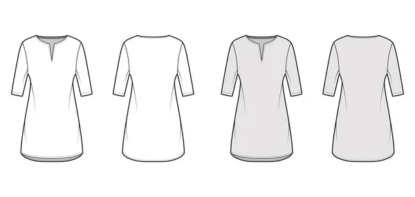 Dress tunic technical fashion illustration with elbow sleeves, oversized body, mini length skirt, slashed neck. Flat — Stock Vector