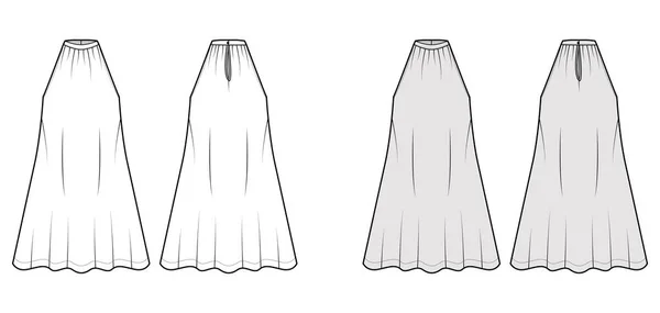 Sukienka trapez namiot moda techniczna ilustracja z rękawami, ponadgabarytowe ciało, długość kolana, banded wysokiej szyi halter — Wektor stockowy