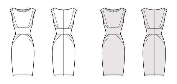 Illustration de mode technique de tube de panneau de robe avec silhouette sablier, sans manches, corps ajusté, jupe longueur genou. — Image vectorielle