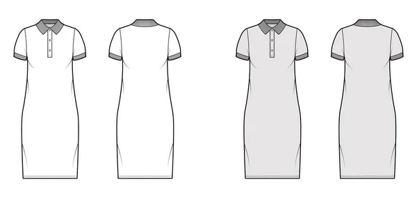 Ilustración de moda de polo vestido con mangas cortas, cuerpo de gran tamaño, falda de lápiz de longitud de rodilla, ropa de cuello henley — Vector de stock