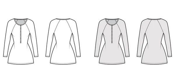 Kleid henley kragen technische modeillustration mit langen raglan-ärmeln, taillierten körper, mini-länge bleistiftrock. Flach — Stockvektor