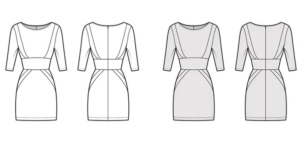 Φόρεμα πίνακα σωλήνα τεχνική εικόνα μόδας με hourglass σιλουέτα, μανίκια αγκώνα, εξοπλισμένο σώμα, μίνι μήκος φούστα — Διανυσματικό Αρχείο