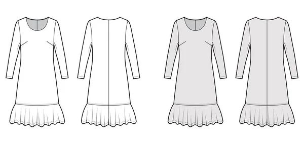 Vestido caído cintura técnica moda ilustración con mangas largas, cuerpo de gran tamaño, falda de longitud de rodilla, cuello redondo — Vector de stock