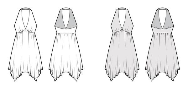 Vestido pañuelo dobladillo chemise moda técnica ilustración con sin mangas, imperio halter escote, falda circular — Archivo Imágenes Vectoriales