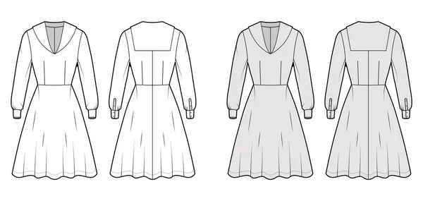 Kleid Matrose technische Mode Illustration mit mittlerem Kragen, lange Ärmel mit Manschette, tailliert, knielangen kreisförmigen Rock — Stockvektor