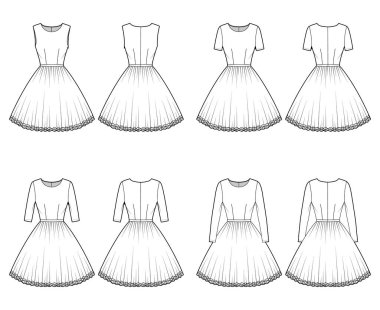 Uzun kollu, kısa kollu, vücuduna uygun, diz hizasında dairesel etekli elbise eteği..