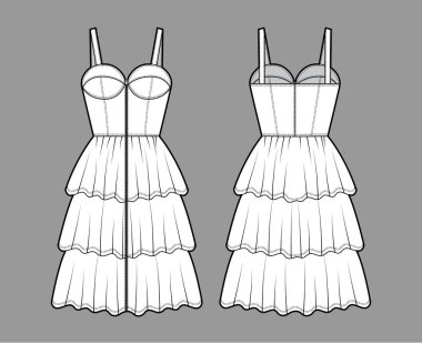 Fermuarlı büstiyer elbise teknik moda illüstrasyonu kolsuz, üzerine oturan vücut, 3 sıra dizli fırfırlı etek