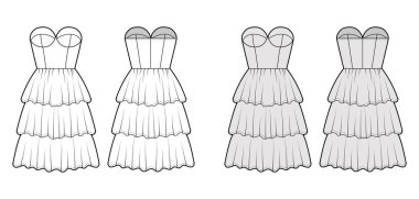 Askısız elbise büstiyer teknik moda tasviri, uygun vücut, 3 sıra dizli fırfırlı etek. Düz