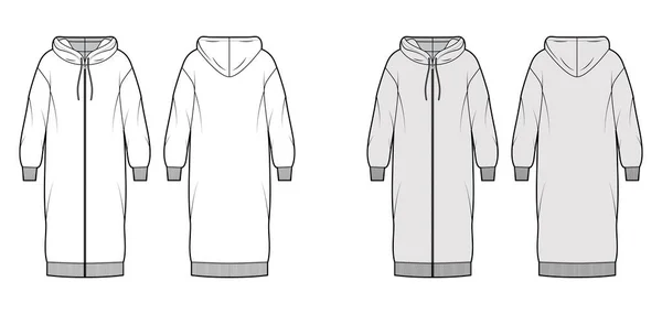 Vestito zip-up con cappuccio illustrazione tecnica di moda con maniche lunghe, polsino costola corpo sovradimensionato, gonna al ginocchio. Piatto — Vettoriale Stock